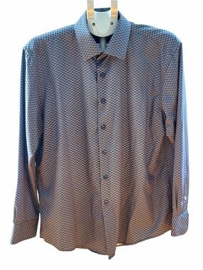 Ben Sherman Slim Fit Blue Geometric Print Stretch Dress Shirt